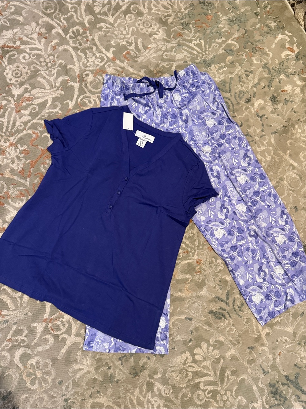 Karen Neuburger Navy Henley Top with Lavender Floral Pants